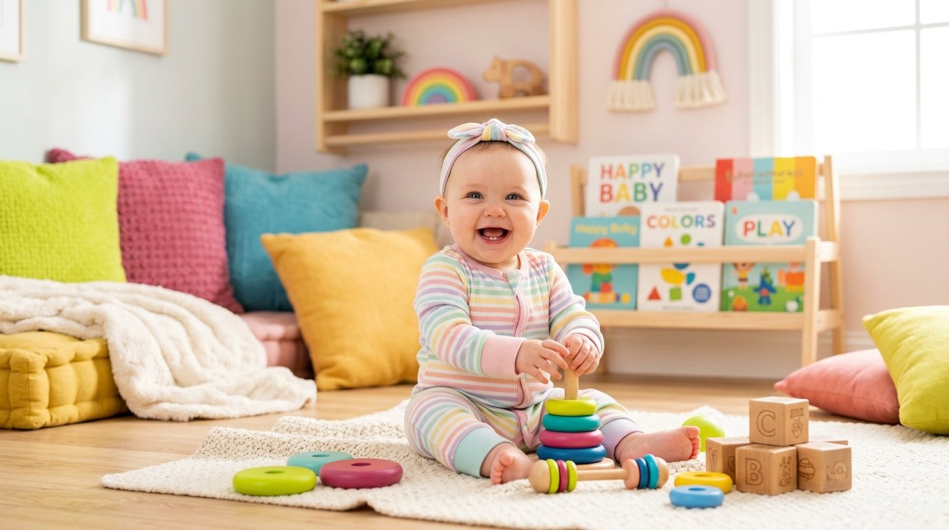 Smiling happy baby playing with green, pink, teal, and yellow toys